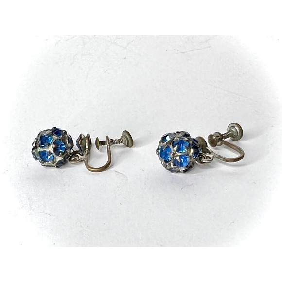 Vintage Blue Rhinestone Cluster Screw‑Back Earrings - Picture 3 of 6
